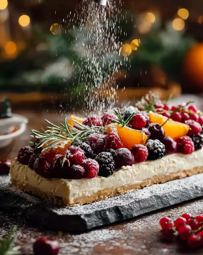 Easy Christmas Cheesecake Slab – No Bake Recipe 4 Easy Christmas cheesecake slab with berries and powdered sugar topping