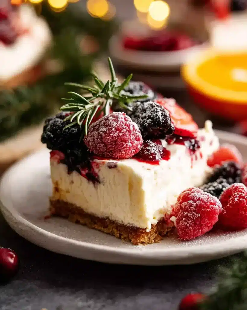 Easy Christmas Cheesecake Slab – No Bake Recipe 5 Easy Christmas cheesecake slab slice with berries and rosemary