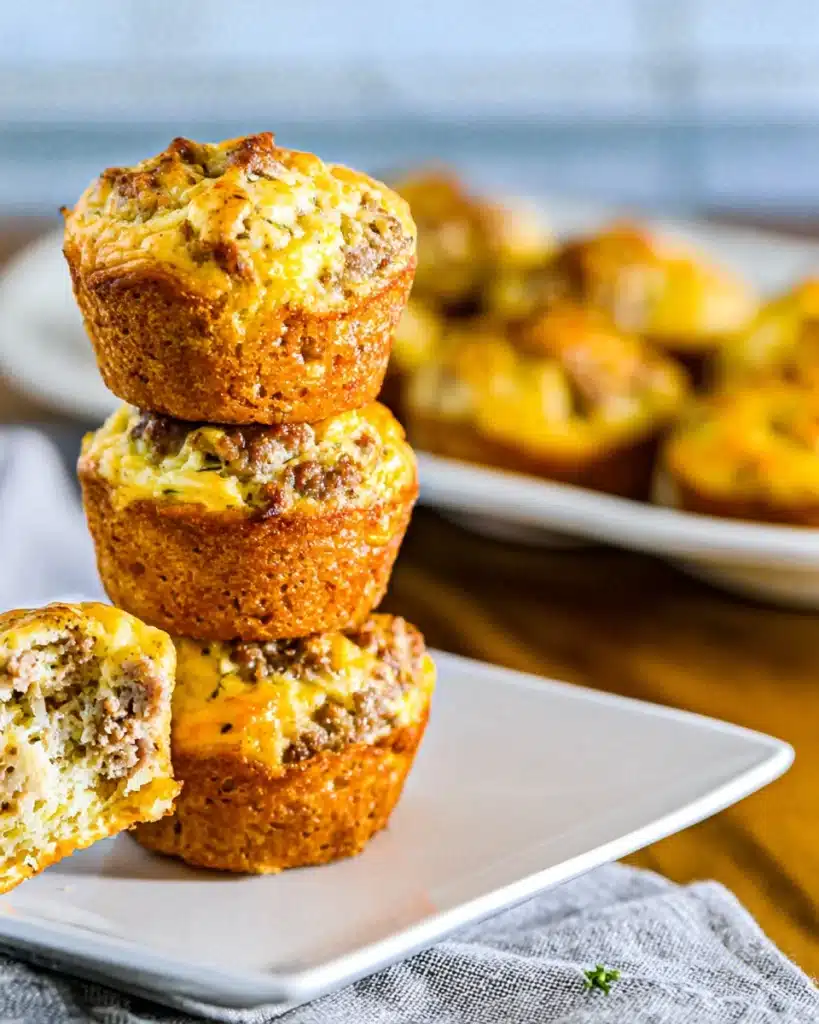 Easy Sausage Pancake Bites 4 Stack of Easy Sausage Pancake Bites on a plate with one cut open