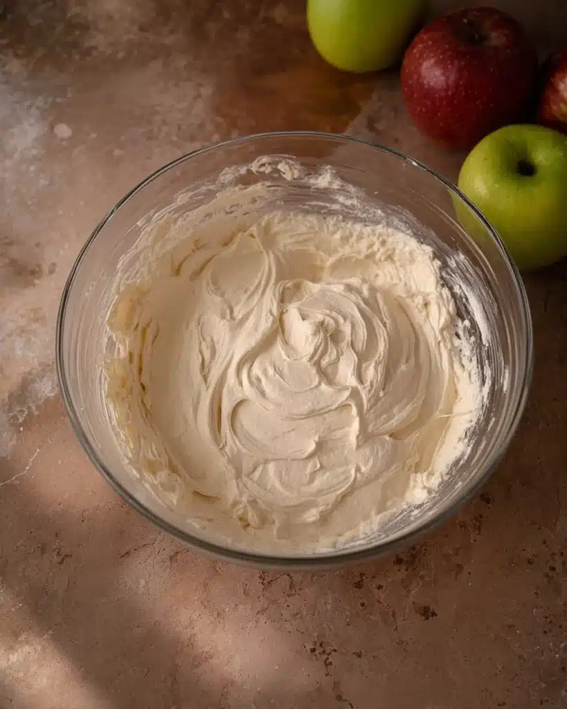 Easy caramel apple cheesecake dip recipe 3 Whipped cream cheese mixture in a bowl for easy caramel apple cheesecake dip recipe