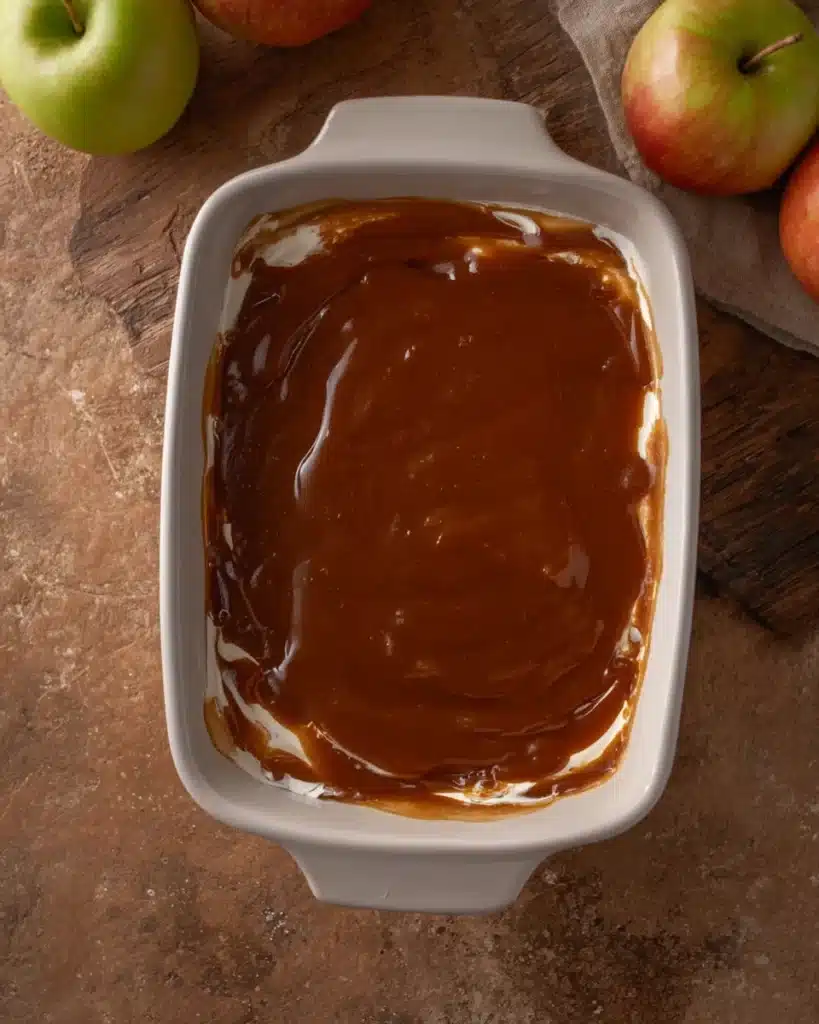 Easy caramel apple cheesecake dip recipe 5 Caramel layer spread over cheesecake base for easy caramel apple cheesecake dip recipe