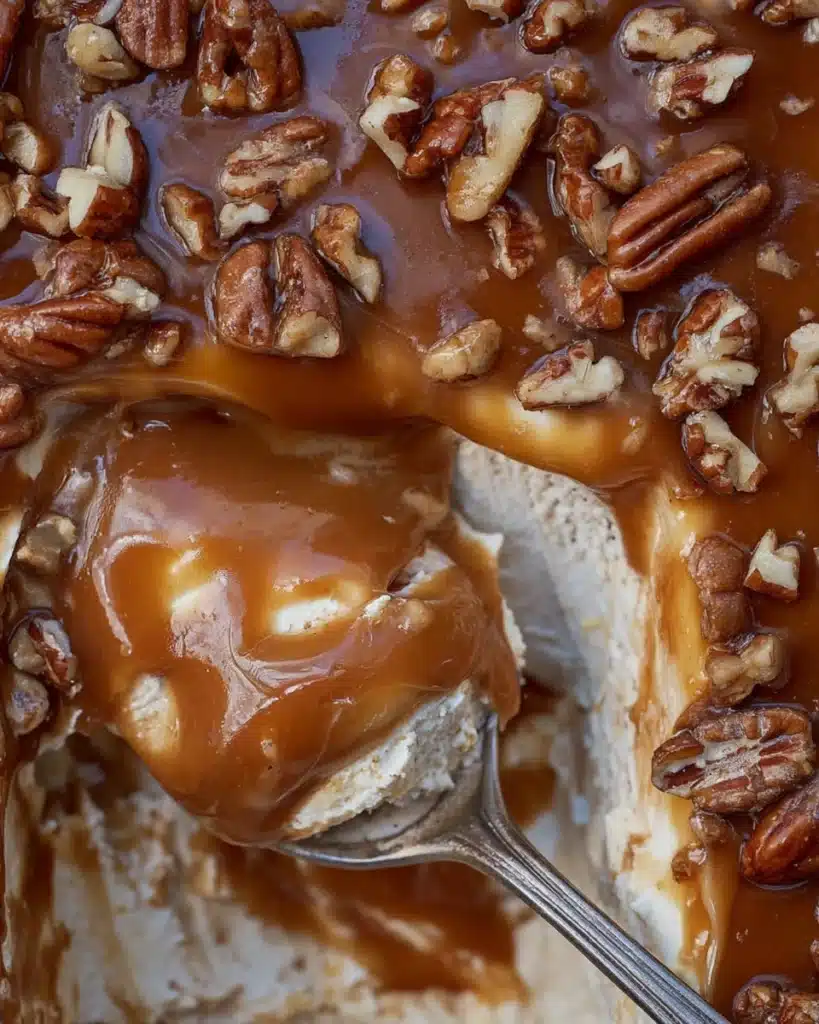 Easy caramel apple cheesecake dip recipe 6 Close-up spoonful of easy caramel apple cheesecake dip with pecans