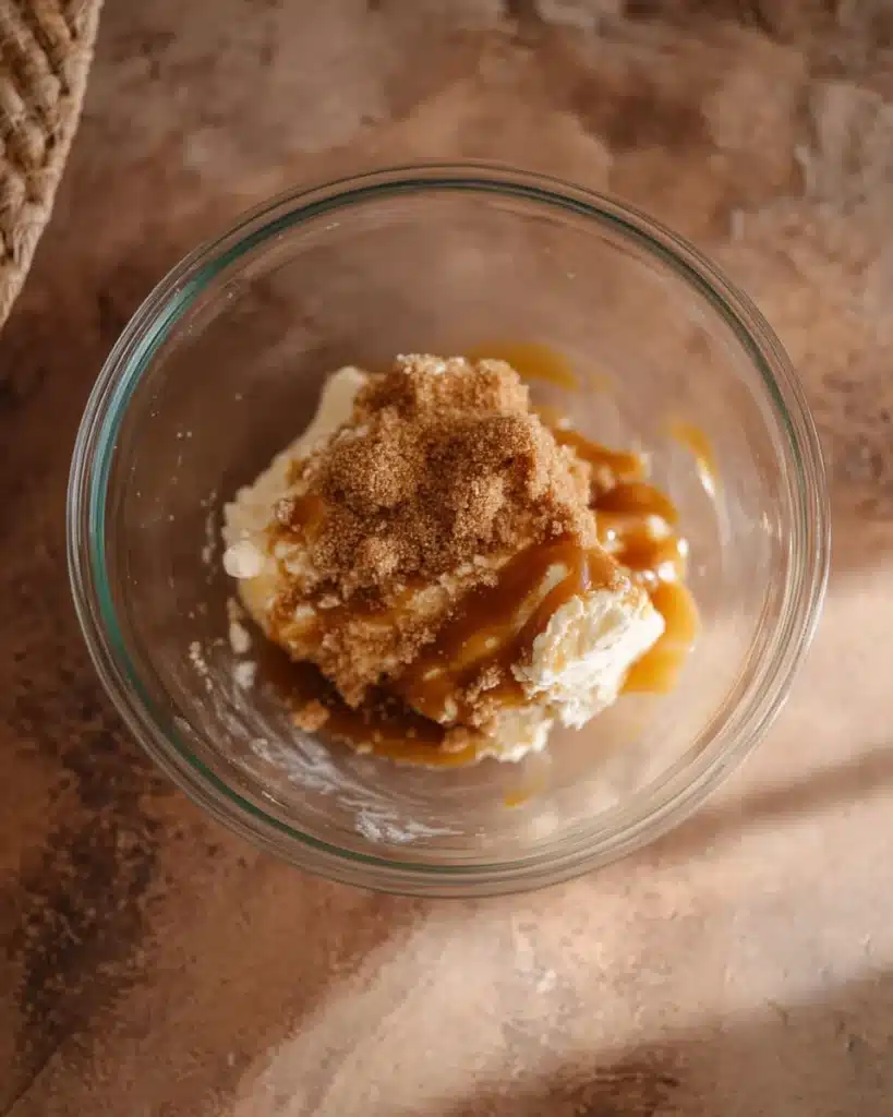 Easy caramel apple cheesecake dip recipe 2 Mixing cream cheese, brown sugar, and caramel for easy caramel apple cheesecake dip recipe