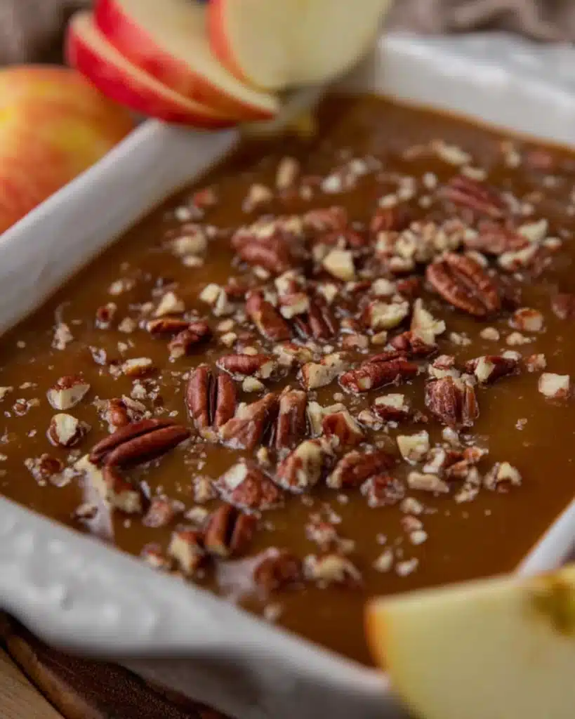 Easy caramel apple cheesecake dip recipe 1 Caramel apple cheesecake dip topped with pecans in a white dish