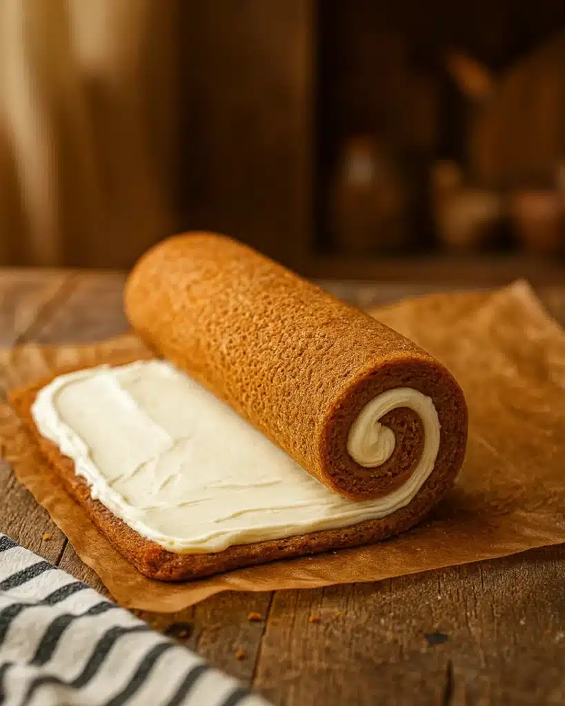 Fall Pumpkin Spice Roll Cake (Perfect Thanksgiving Dessert) 7 Pumpkin spice roll cake being filled with cream cheese frosting and rerolled