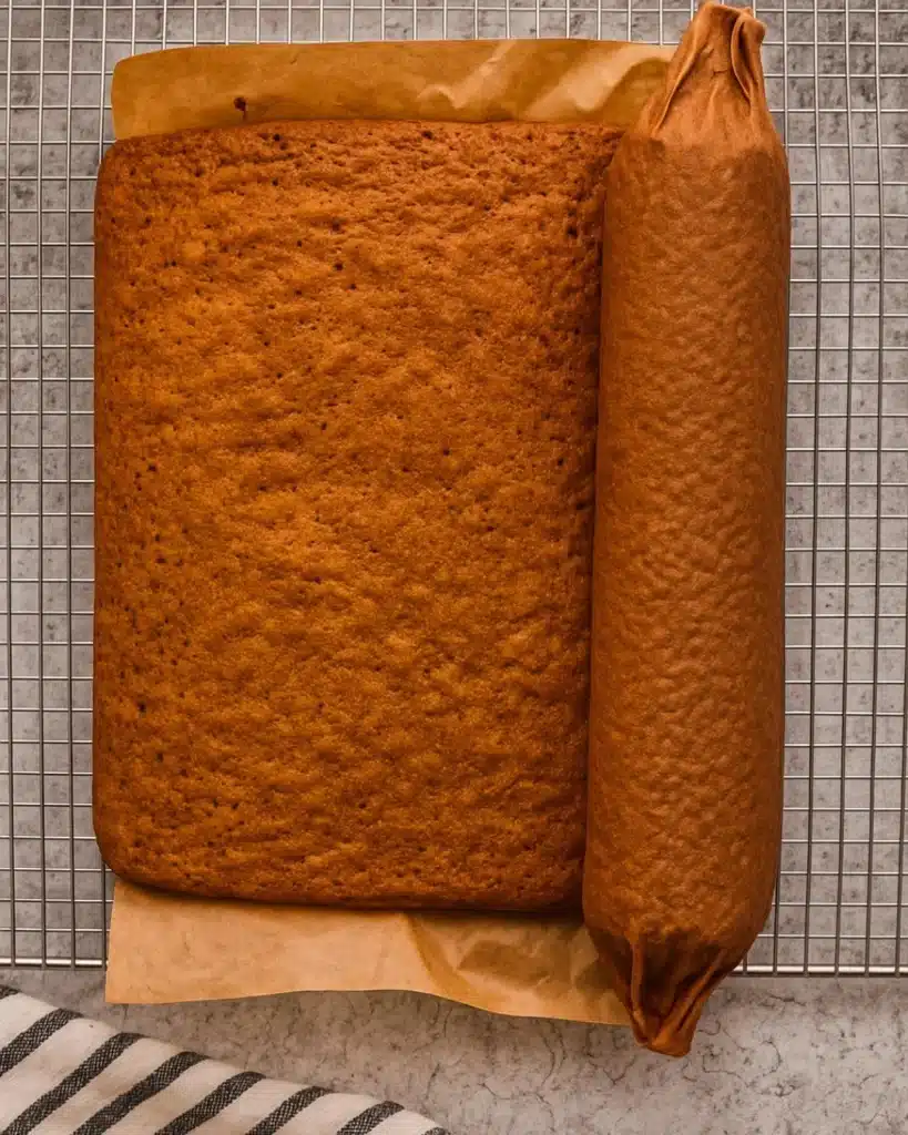 Fall Pumpkin Spice Roll Cake (Perfect Thanksgiving Dessert) 5 Pumpkin spice roll cake wrapped in parchment cooling on a wire rack