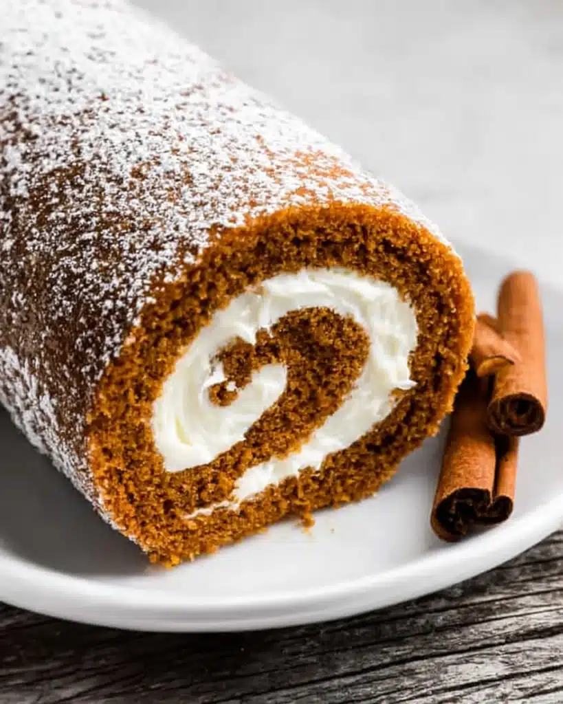 Fall Pumpkin Spice Roll Cake (Perfect Thanksgiving Dessert) 9 Fall Pumpkin Spice Roll Cake sliced to show cream cheese swirl filling