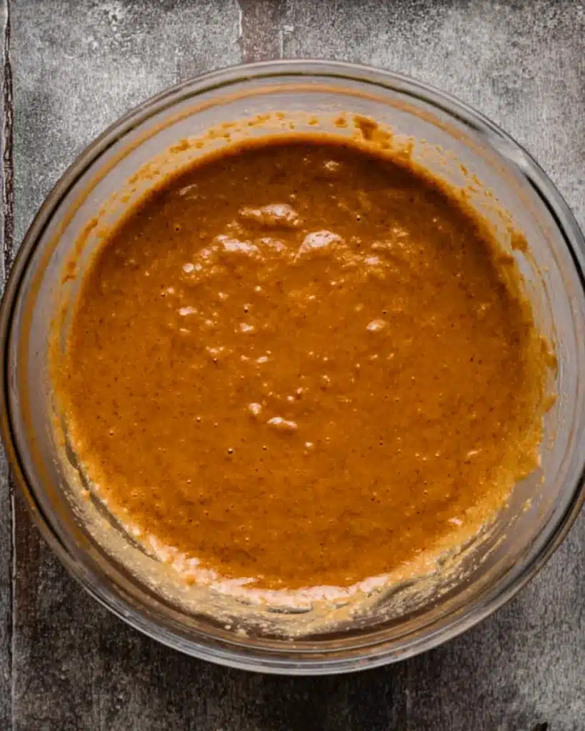 Fall Pumpkin Spice Roll Cake (Perfect Thanksgiving Dessert) 3 Smooth pumpkin cake batter in a glass bowl for Fall Pumpkin Spice Roll Cake