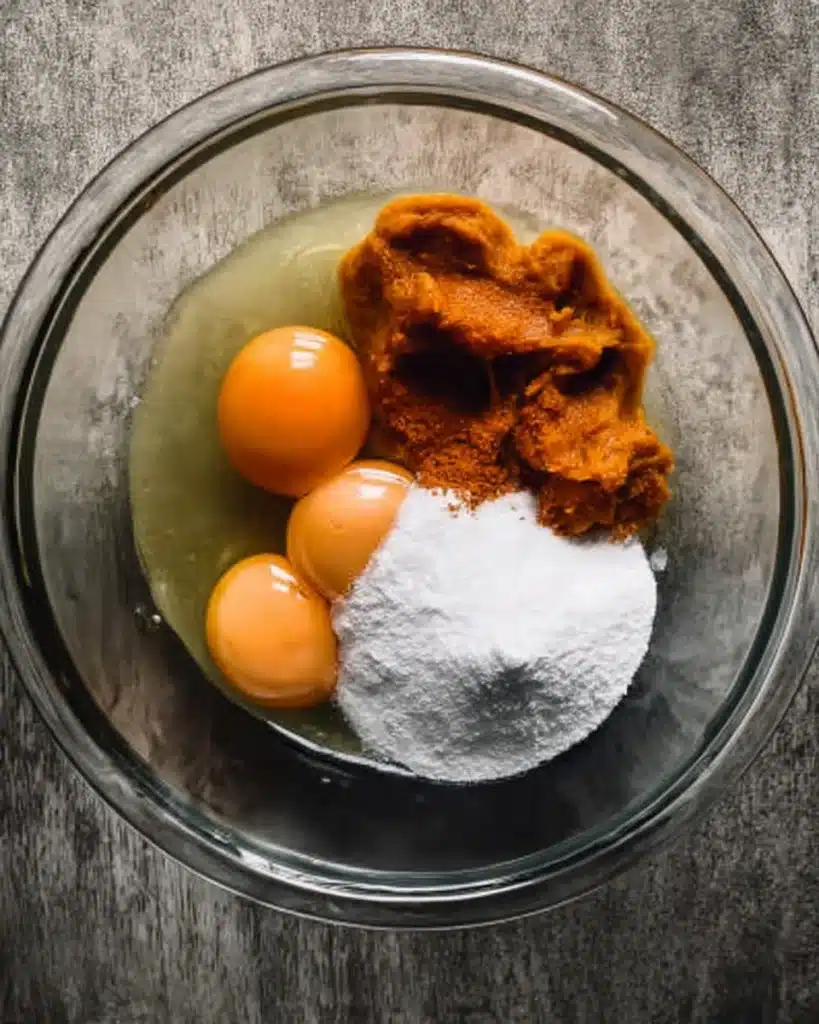 Fall Pumpkin Spice Roll Cake (Perfect Thanksgiving Dessert) 2 Fall Pumpkin Spice Roll Cake ingredients in mixing bowl with eggs, sugar, and pumpkin