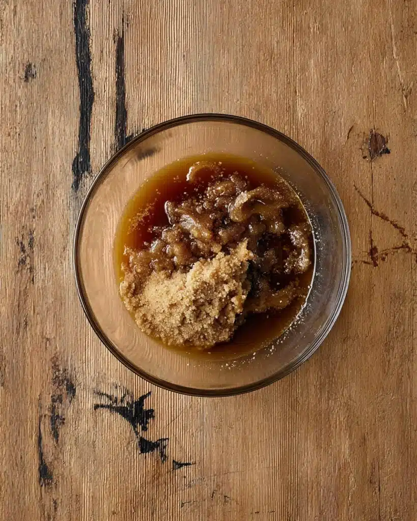 Frosted Pumpkin Bread 3 Browned butter and brown sugar in a glass bowl for pumpkin bread batter