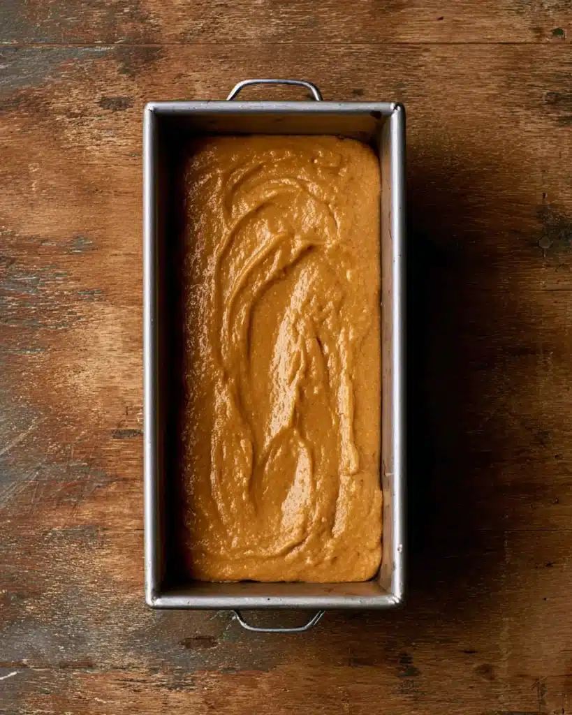 Frosted Pumpkin Bread 8 Pumpkin bread batter in a loaf pan ready to bake