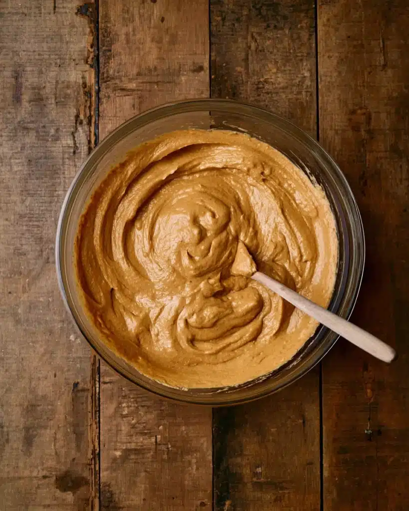 Frosted Pumpkin Bread 7 Smooth pumpkin bread batter in a glass bowl with a wooden spoon
