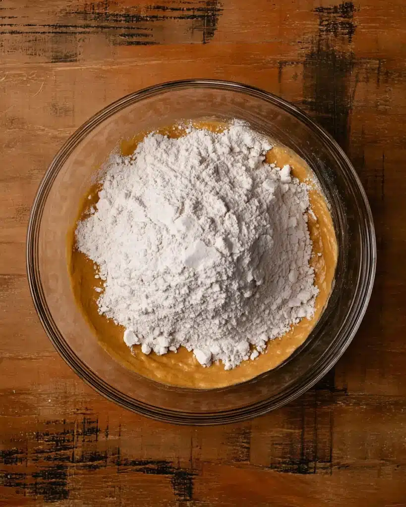 Frosted Pumpkin Bread 6 Flour added to pumpkin bread batter in a glass mixing bowl