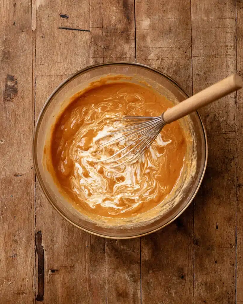 Frosted Pumpkin Bread 5 Pumpkin bread batter being whisked with sour cream in a glass bowl