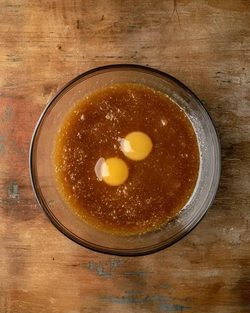 Frosted Pumpkin Bread 4 Raw eggs added to browned butter and sugar mixture in a glass bowl