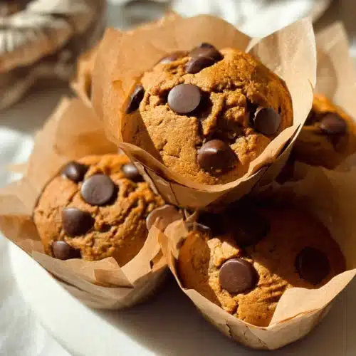 Gluten Free Pumpkin Muffins – Halloween Treat 5 Gluten free pumpkin muffins with chocolate chips in parchment liners on a plate
