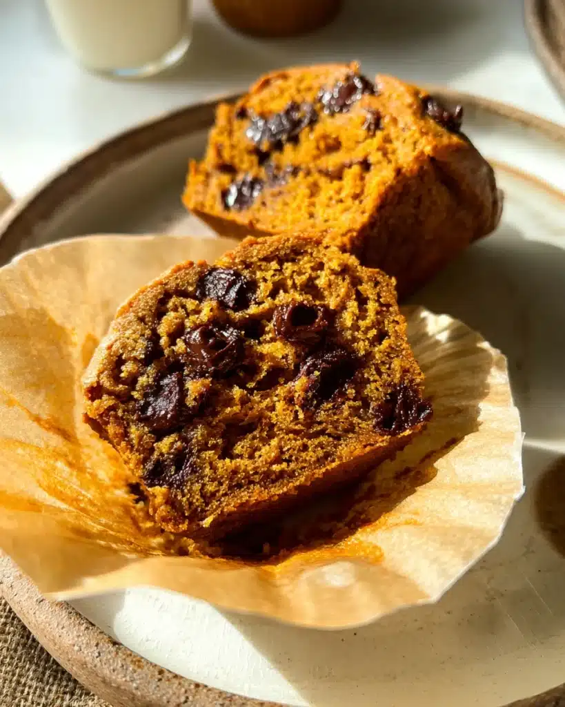 Gluten Free Pumpkin Muffins – Halloween Treat 4 Gluten free pumpkin muffin cut in half with melty chocolate chips