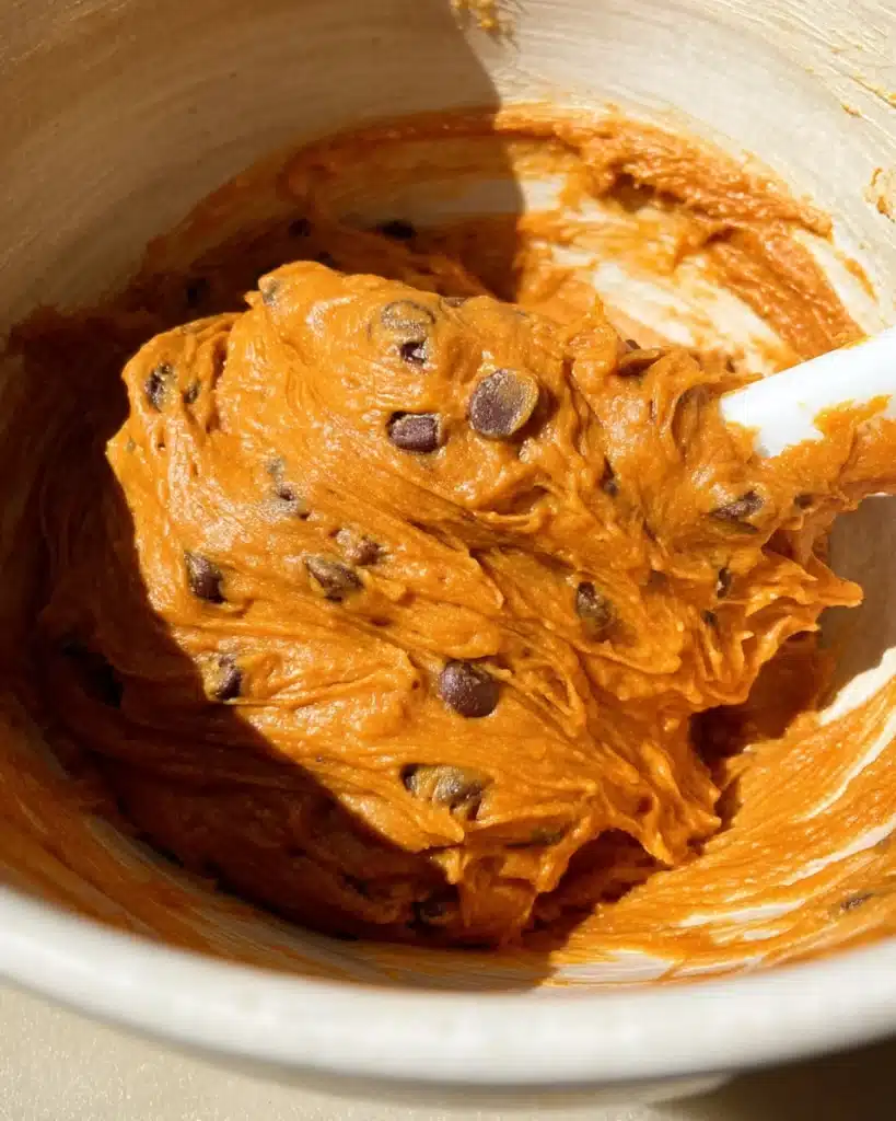 Gluten Free Pumpkin Muffins – Halloween Treat 2 Pumpkin muffin batter with chocolate chips in a mixing bowl