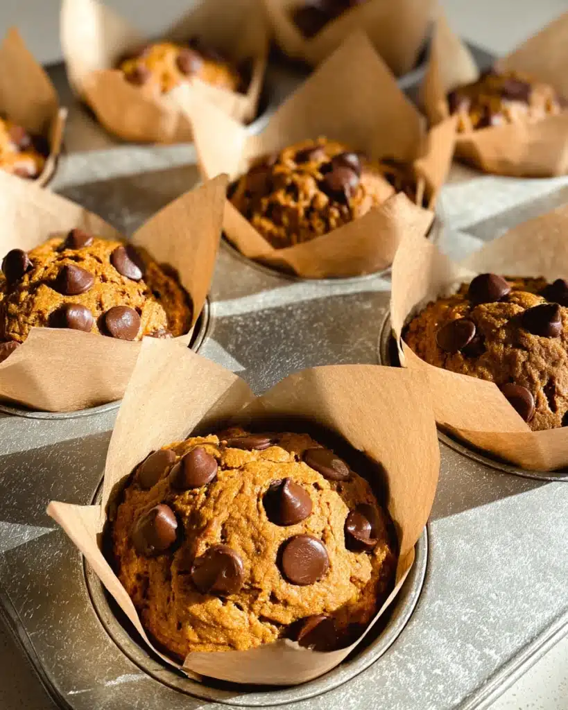 Gluten Free Pumpkin Muffins – Halloween Treat 3 Gluten free pumpkin muffins with chocolate chips in parchment liners in a muffin tin