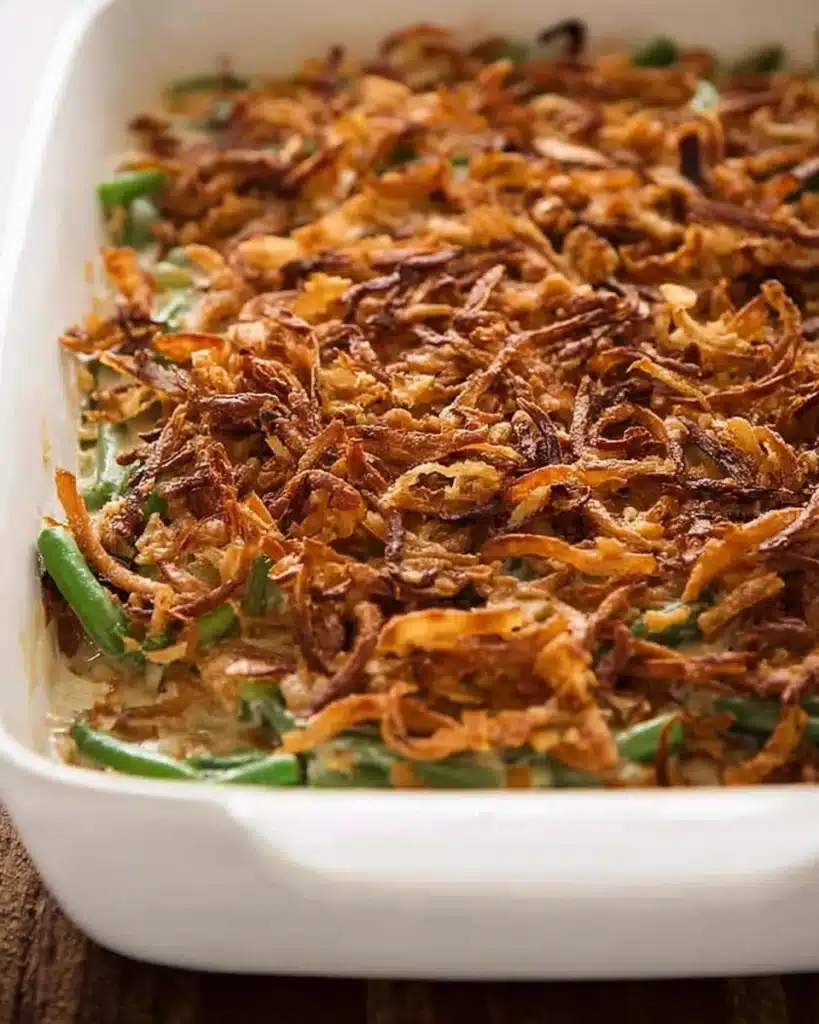 Green Bean Casserole Perfection: The Ultimate Thanksgiving Side Dish 3 Baked green bean casserole perfection in a white dish with crispy onion topping