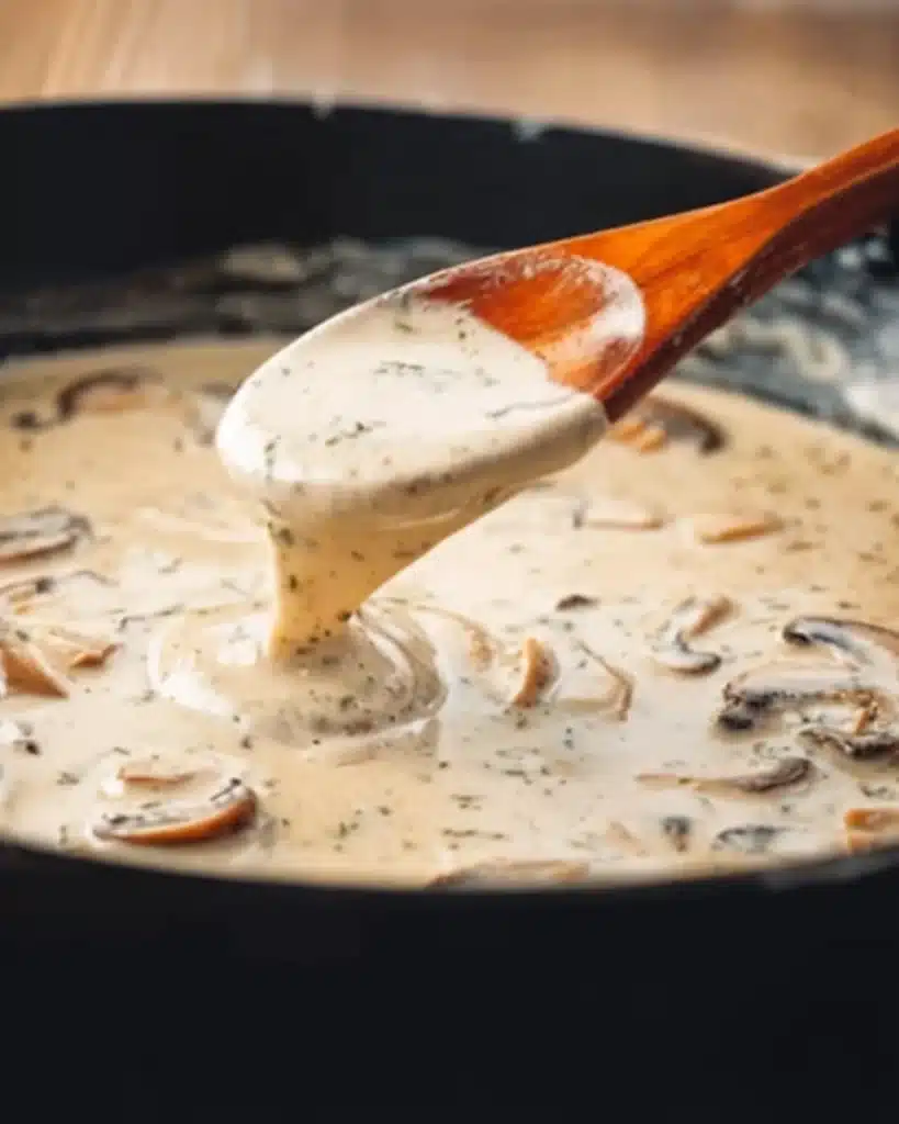Green Bean Casserole Perfection: The Ultimate Thanksgiving Side Dish 2 Creamy mushroom sauce coating a wooden spoon while cooking for green bean casserole perfection