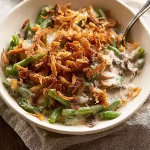 Green Bean Casserole Perfection: The Ultimate Thanksgiving Side Dish 5 Green bean casserole perfection served in a bowl with crispy onions