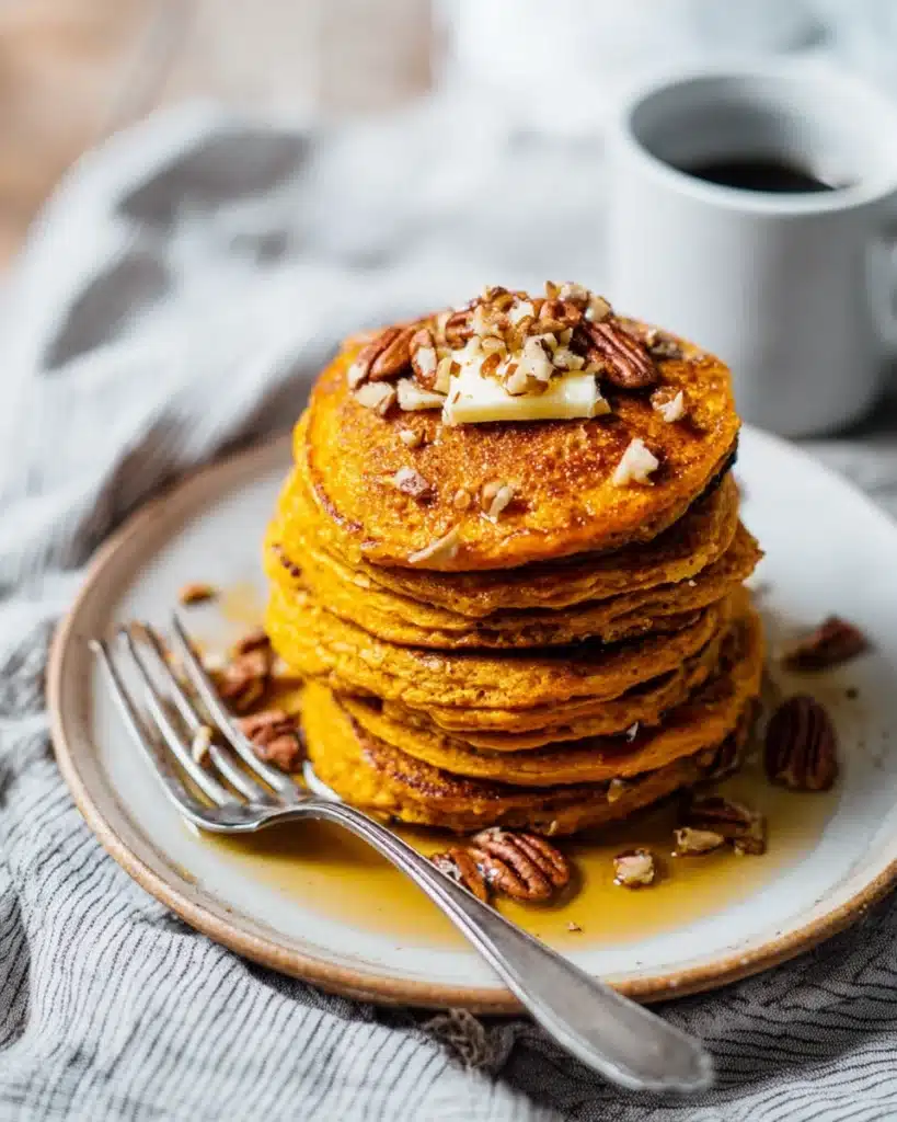 Stack of healthy pumpkin pancakes with butter, pecans, and syrup