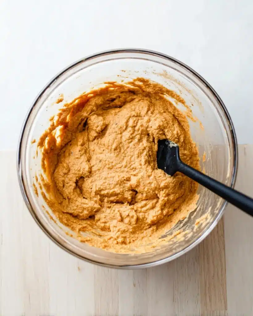 Pumpkin pancake batter in a glass bowl with spatula