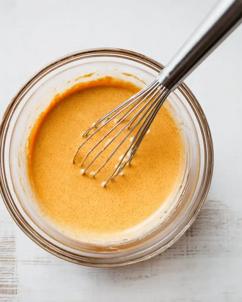 Pumpkin pancake batter being whisked in a glass bowl