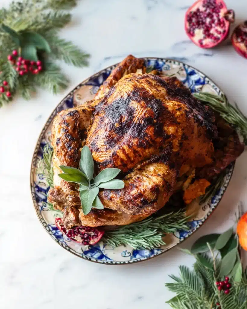 Whole grilled Thanksgiving turkey with herbs and pomegranates on serving platter