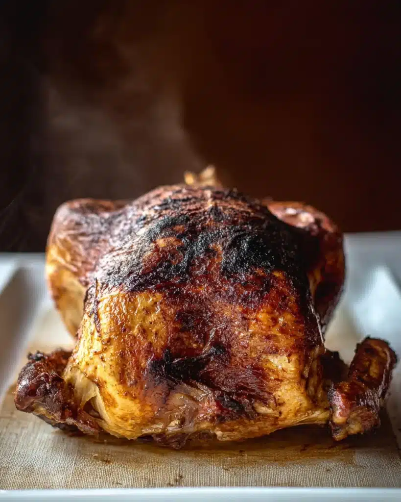 Whole grilled turkey resting with golden crispy skin and steam rising