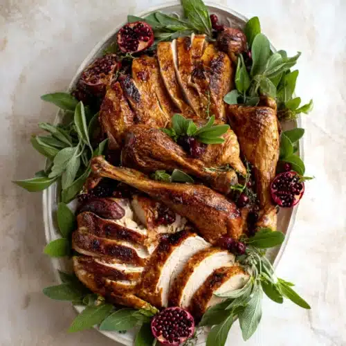 Carved grilled Thanksgiving turkey with crispy skin, sage, and pomegranate