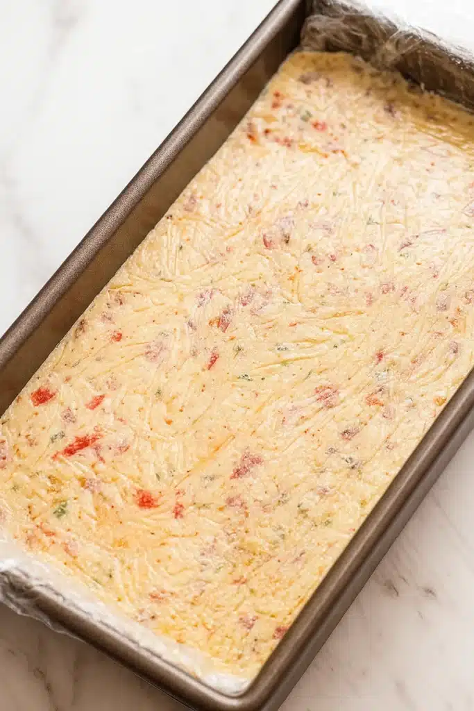 Italian Cheese Log – A Festive Christmas Appetizer 3 Italian cheese log mixture pressed into loaf pan with plastic wrap