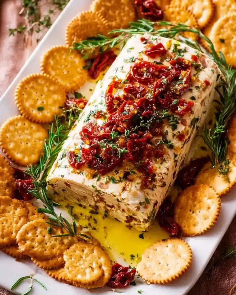 Italian Cheese Log – A Festive Christmas Appetizer 4 Italian cheese log with sun-dried tomatoes, rosemary, and crackers on a platter