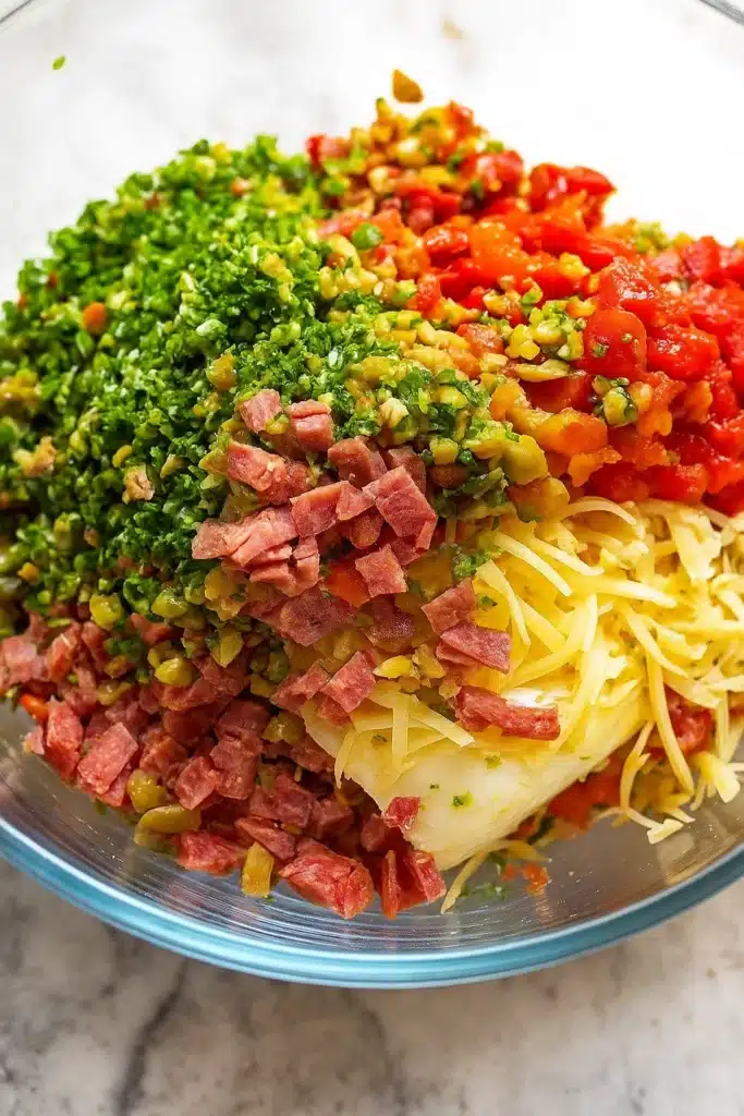 Italian Cheese Log – A Festive Christmas Appetizer 2 Bowl of chopped salami, peppers, olives, herbs, and cheese for Italian cheese log