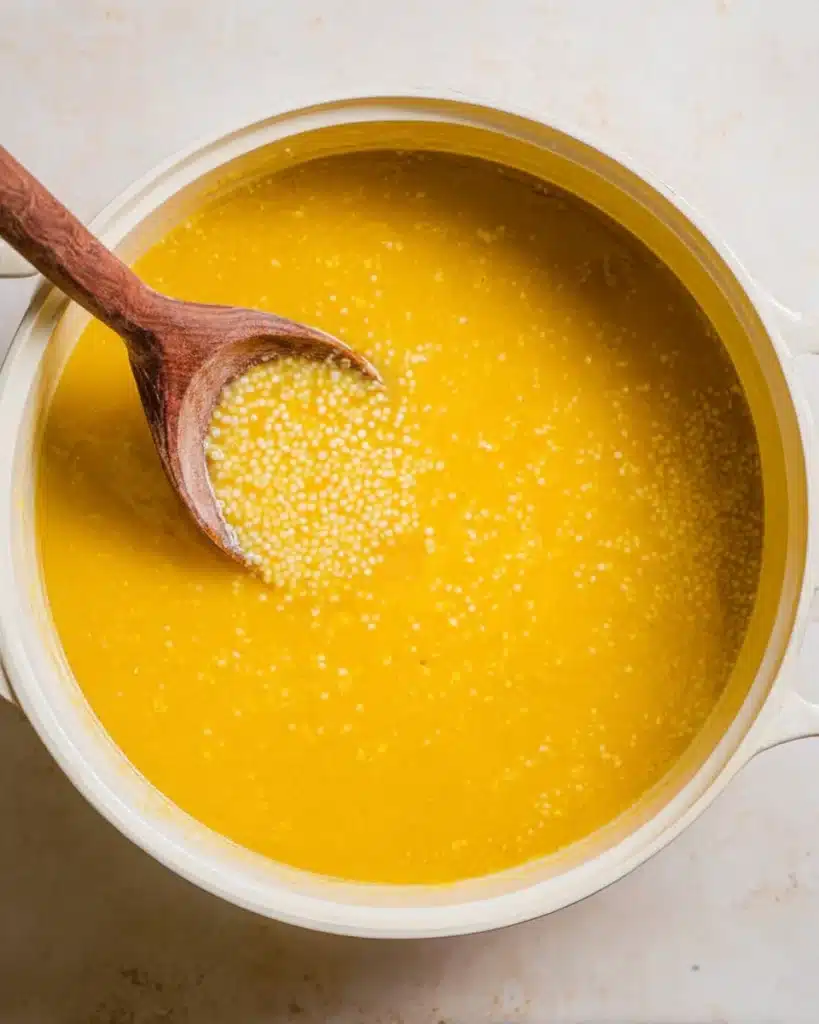 Italian Penicillin Soup Recipe 8 Golden Italian penicillin soup with pastina in a wooden ladle