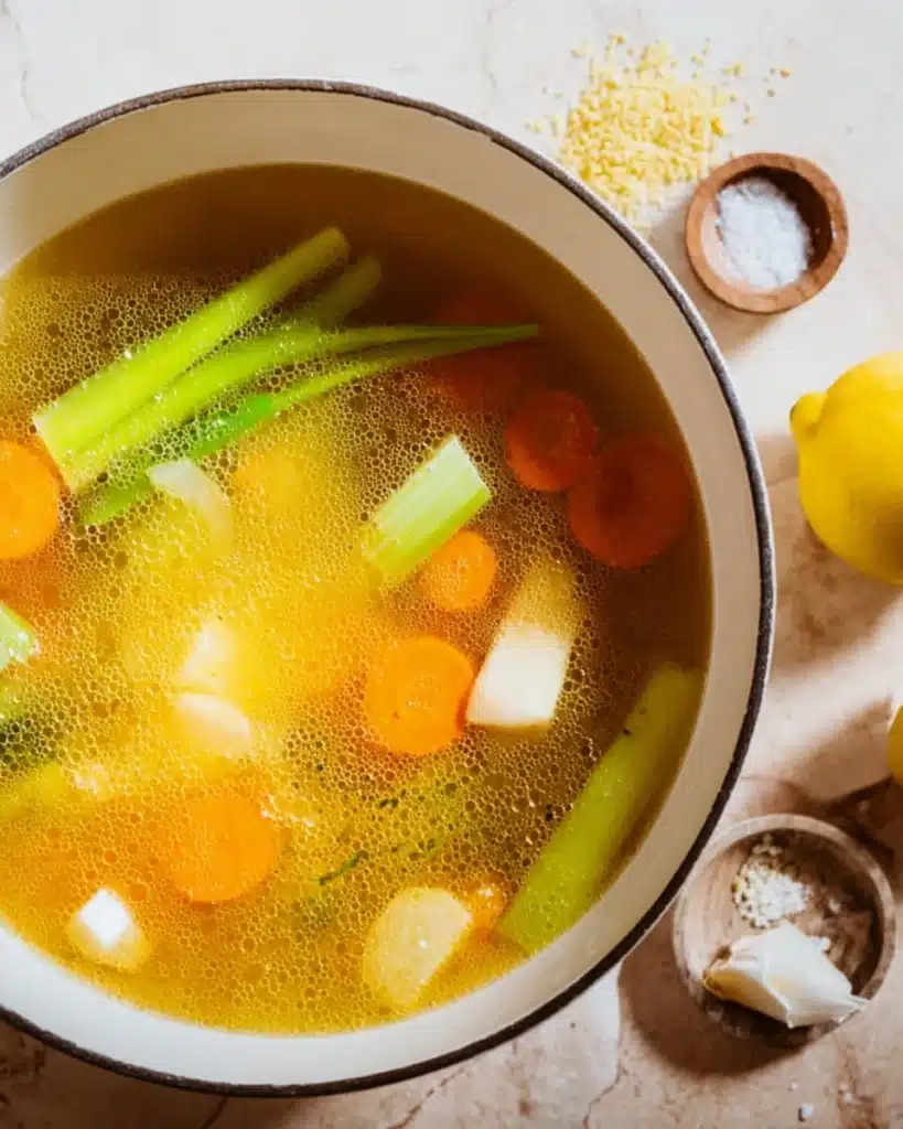 Italian Penicillin Soup Recipe 4 Italian penicillin soup base simmering with vegetables and parmesan rind