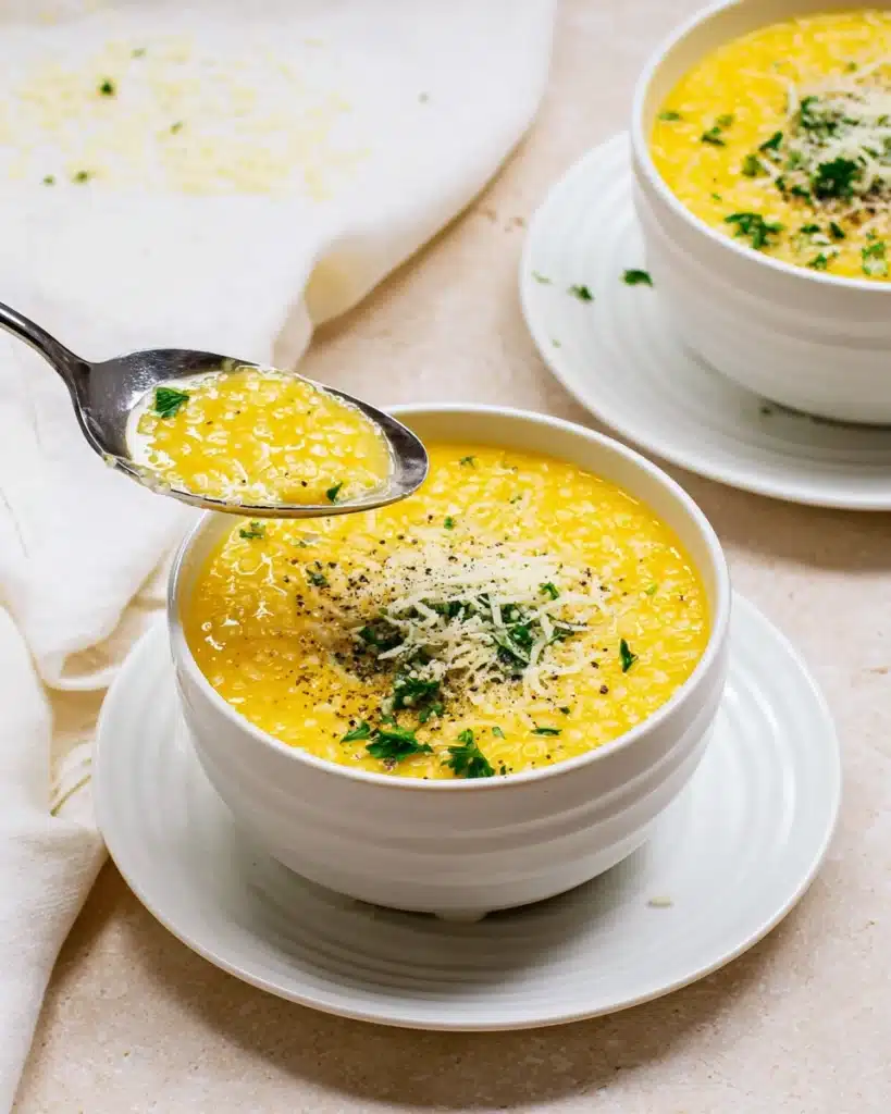 Italian Penicillin Soup Recipe 6 Ladle serving Italian penicillin soup with pastina into a white bowl