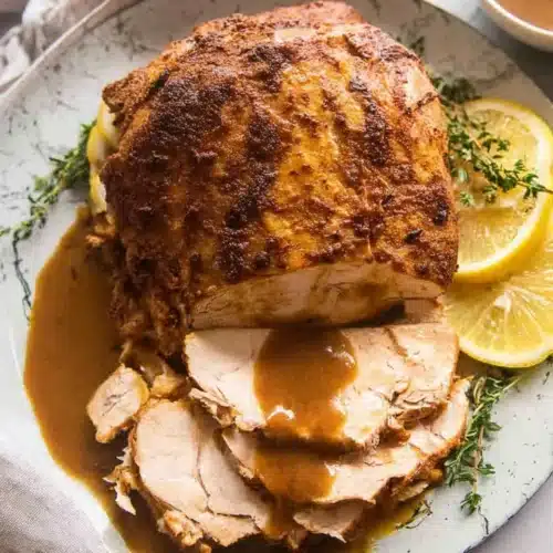 Juicy Turkey Breast (Slow Cooker Thanksgiving Recipe) 5 Juicy roasted turkey breast with gravy, lemon slices, and thyme on a white plate