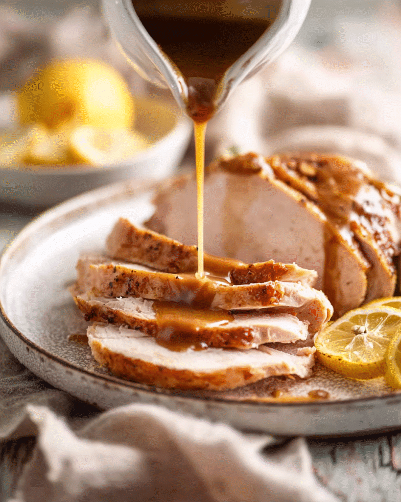 Juicy Turkey Breast (Slow Cooker Thanksgiving Recipe) 4 Juicy turkey breast slices with gravy poured on top