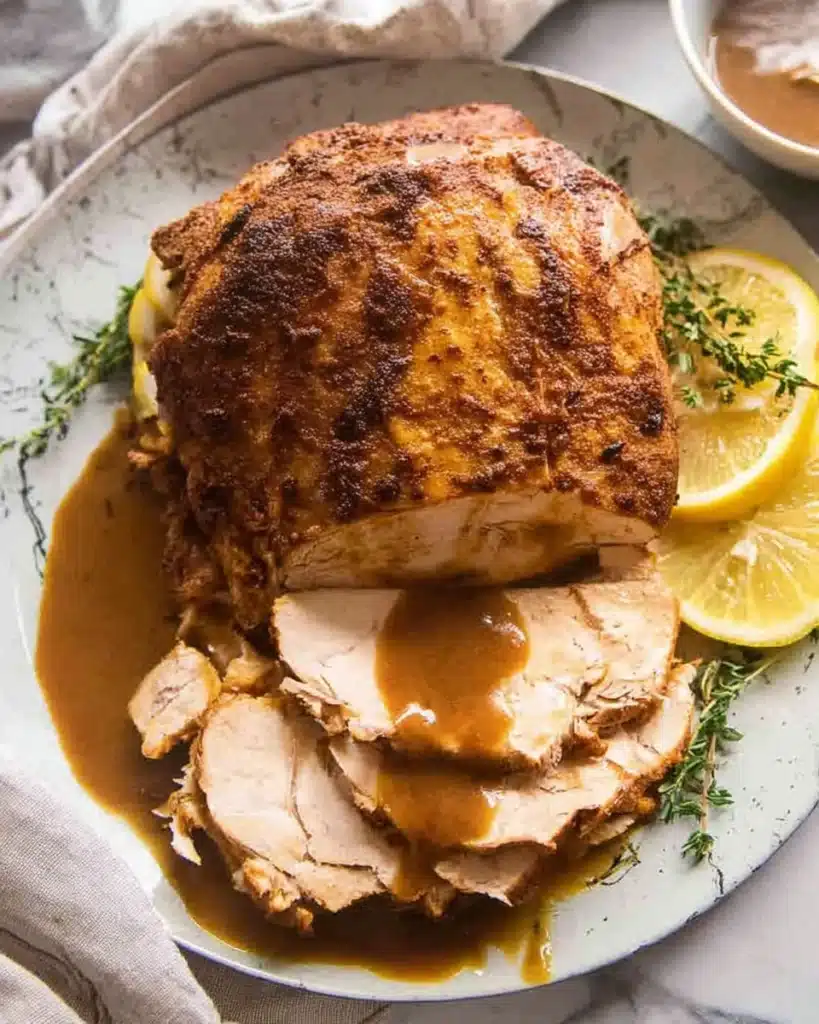 Juicy Turkey Breast (Slow Cooker Thanksgiving Recipe) 1 Juicy roasted turkey breast with gravy, lemon slices, and thyme on a white plate