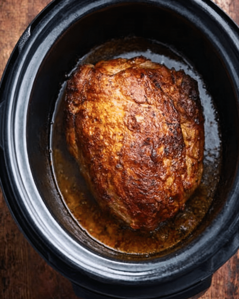 Juicy Turkey Breast (Slow Cooker Thanksgiving Recipe) 2 Golden roasted turkey breast in slow cooker pot