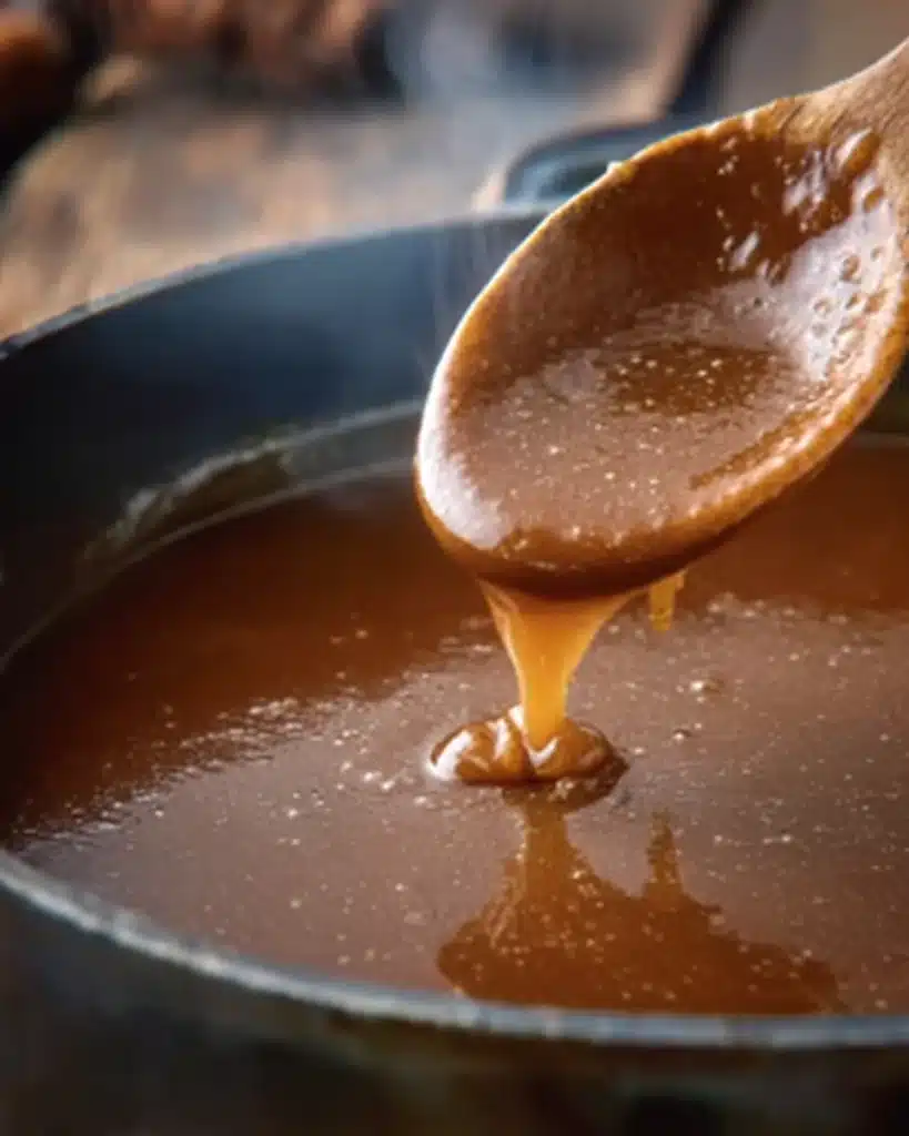 Juicy Turkey Breast (Slow Cooker Thanksgiving Recipe) 3 Homemade turkey gravy in saucepan with spoon dripping