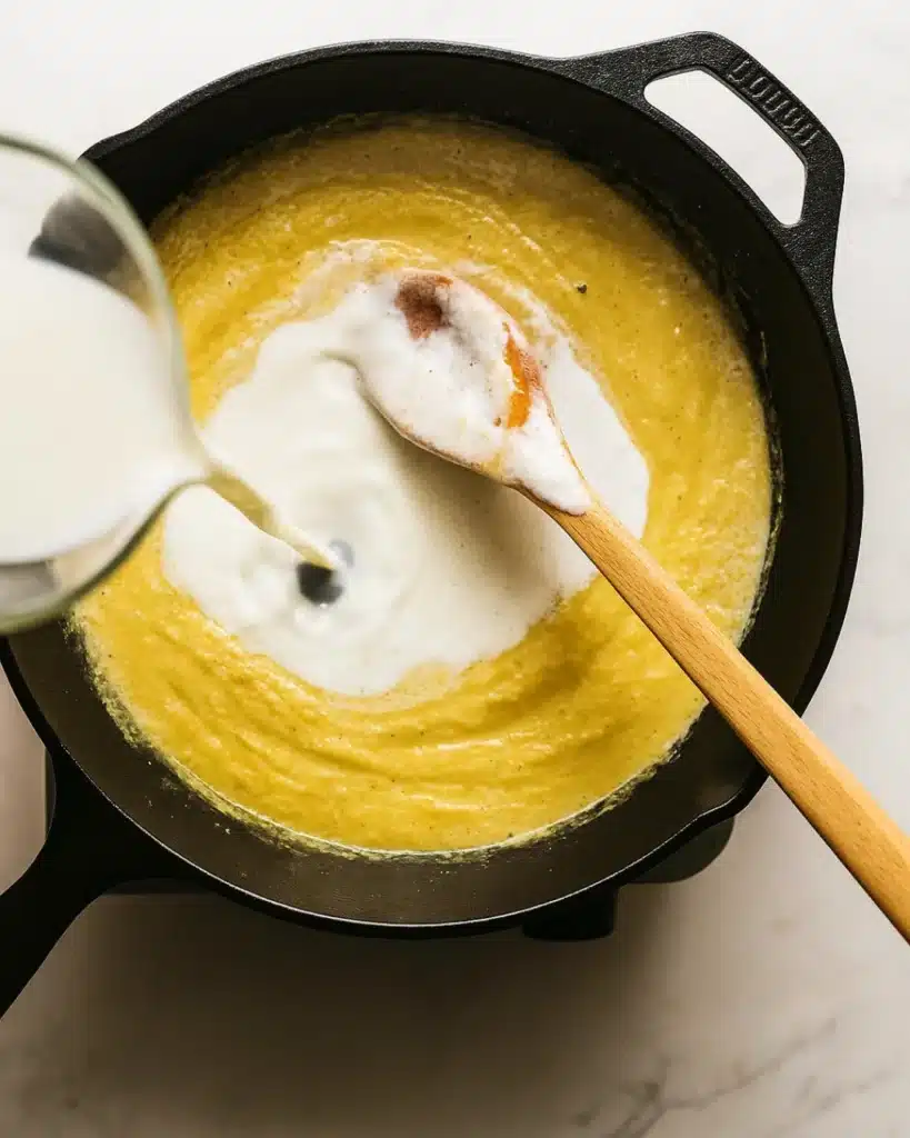 Baked Mac and Cheese (Thanksgiving Favorite) 4 Milk poured into golden roux for baked mac and cheese sauce