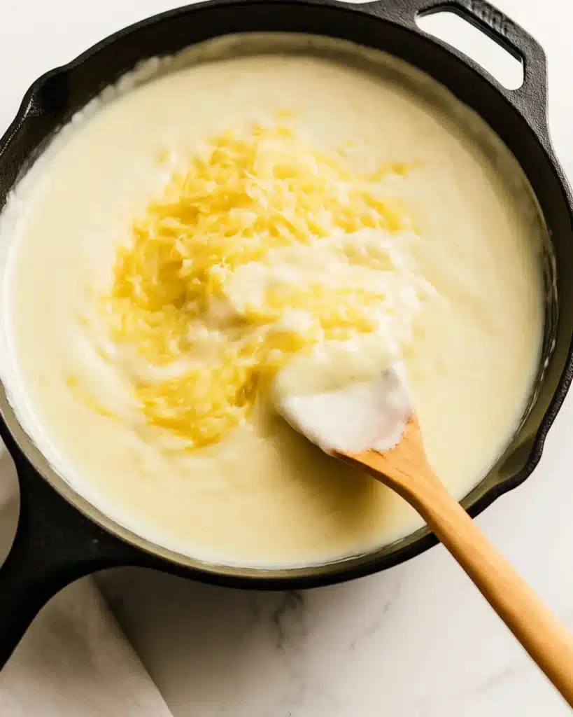 Baked Mac and Cheese (Thanksgiving Favorite) 5 Shredded cheese added to creamy sauce in skillet for baked mac and cheese