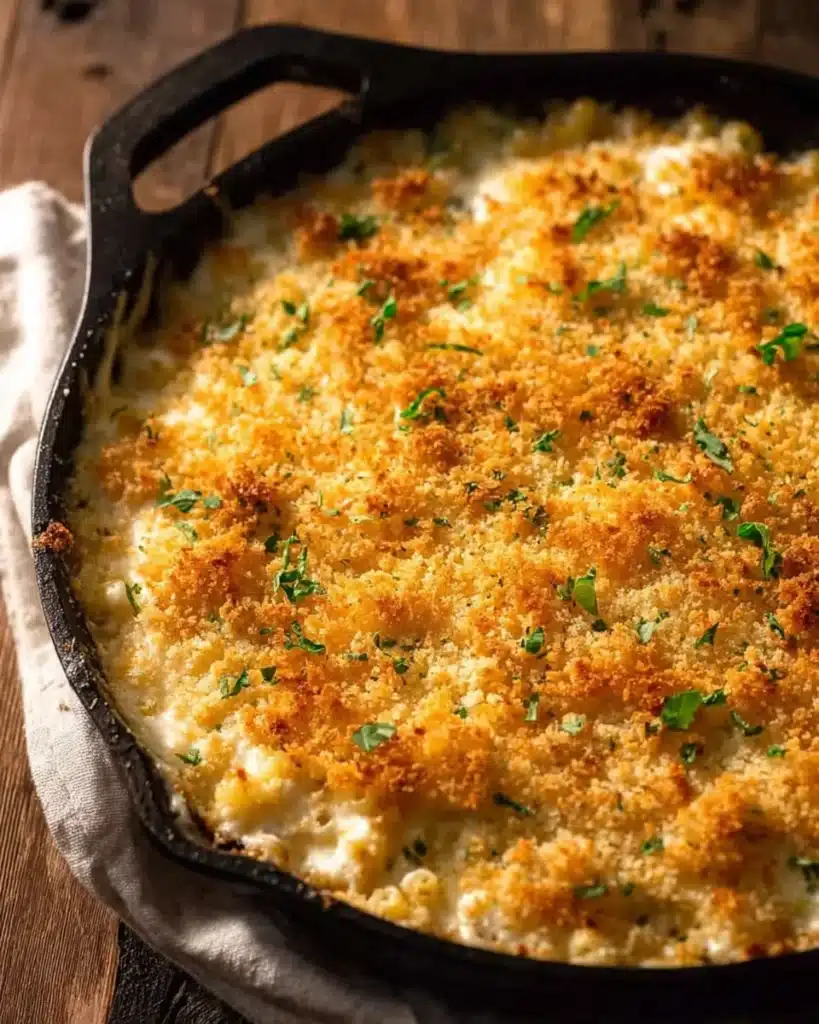 Baked Mac and Cheese (Thanksgiving Favorite) 6 Baked mac and cheese in skillet with golden breadcrumb topping