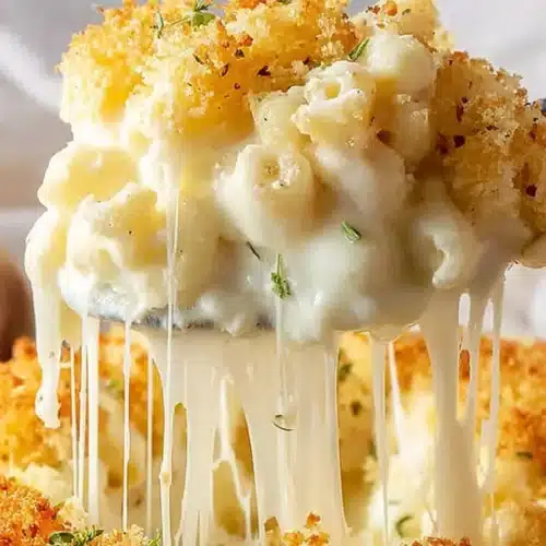 Baked Mac and Cheese (Thanksgiving Favorite) 7 Baked mac and cheese with golden breadcrumb topping and melted cheese pull