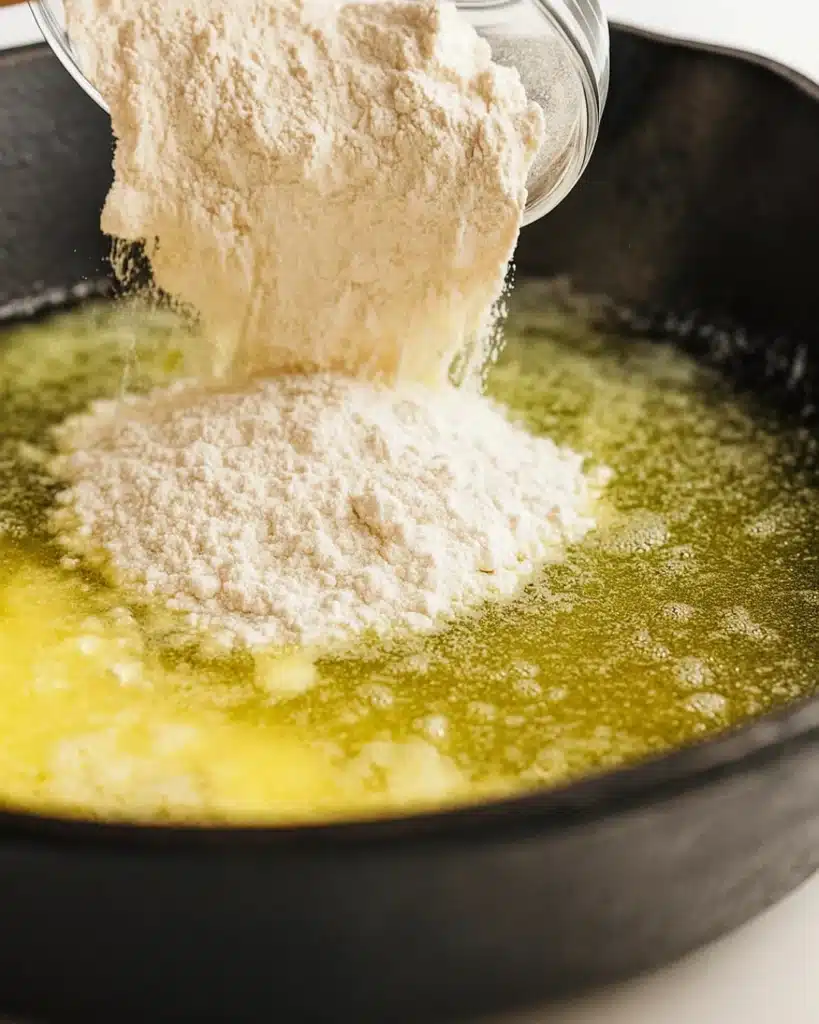 Baked Mac and Cheese (Thanksgiving Favorite) 3 Flour poured into melted butter in skillet for baked mac and cheese roux