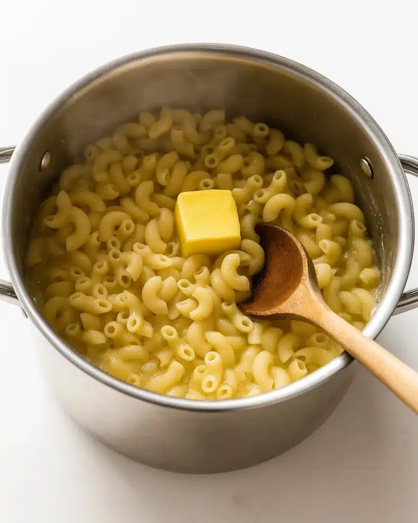 Baked Mac and Cheese (Thanksgiving Favorite) 2 Cooked macaroni with butter in pot for baked mac and cheese