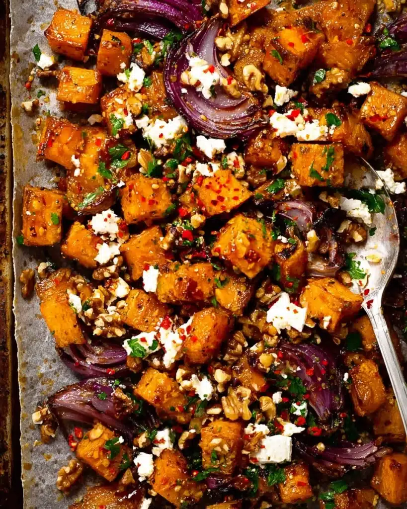 Maple roasted pumpkin with chili, feta, walnuts, and parsley on tray